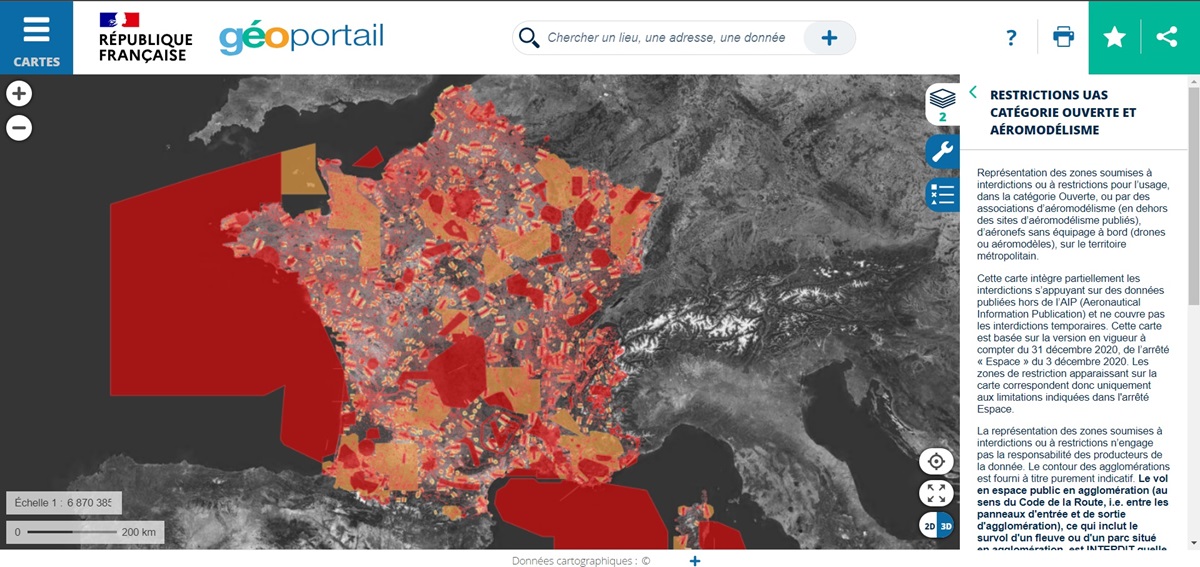 La carte Géoportail répertorie les espaces interdits aux drones de loisir.